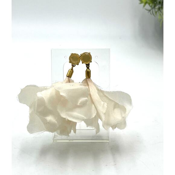 Gold Tone Ivory Fabric Tulip Drop Rhinestone Dangle Flowing Earrings - Picture 1 of 10